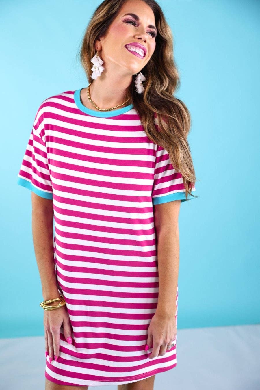 Hot Pink Living In Stripes Dress, Pink/Teal for wholesale on Faire0