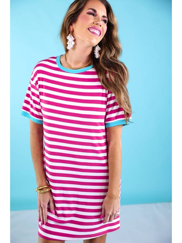 Hot Pink Living In Stripes Dress, Pink/Teal for wholesale on Faire