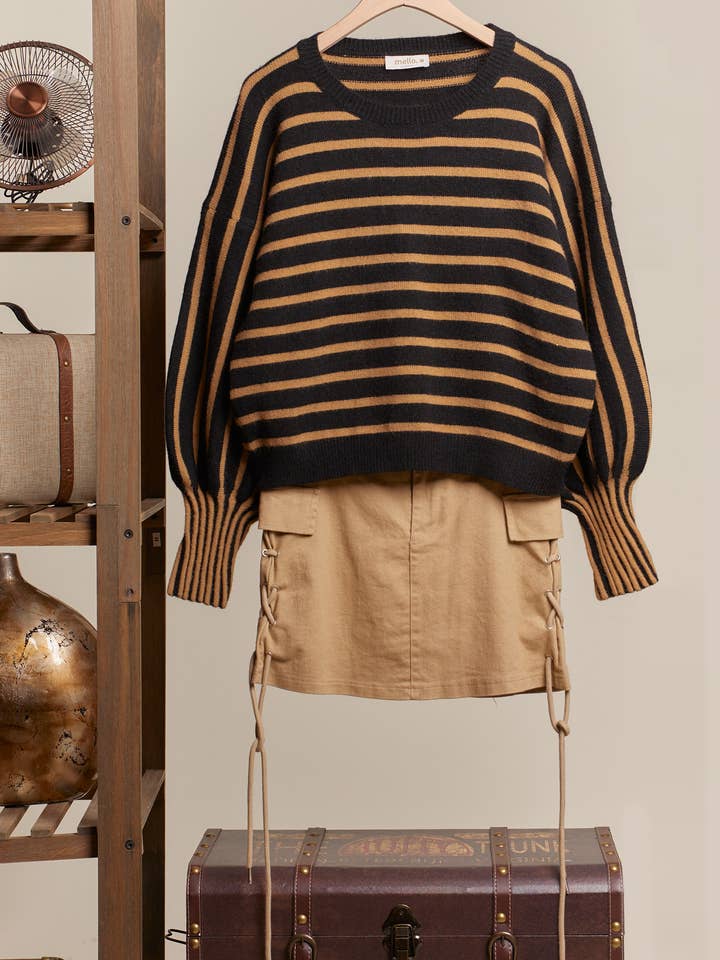 Mello. - Wholesale Knit Sweater - Women's - Stripe Puff Sleeve Sweater