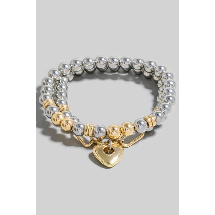 Heart Charm Two Tone Beaded Bracelet Set for wholesale by The Looks by Fame Accessories