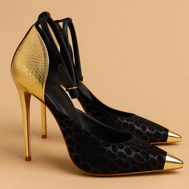 HONEY GOLD AND BLACK HEELS for wholesale by Rossario George