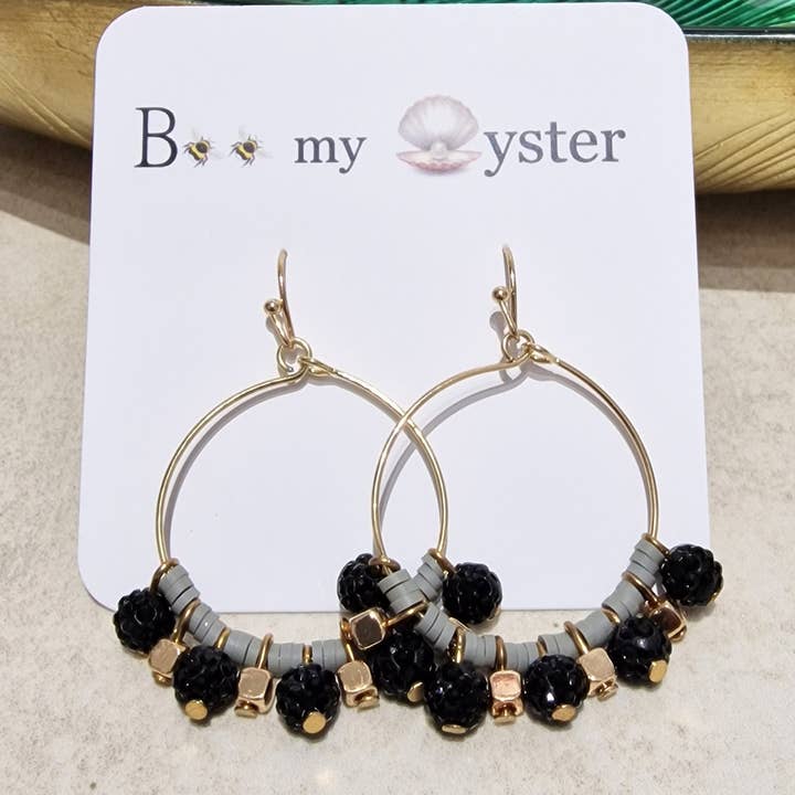 Black Grey Crystal Ball Beaded Pierced Hoop Fashion Earrings for wholesale by Bee my Oyster