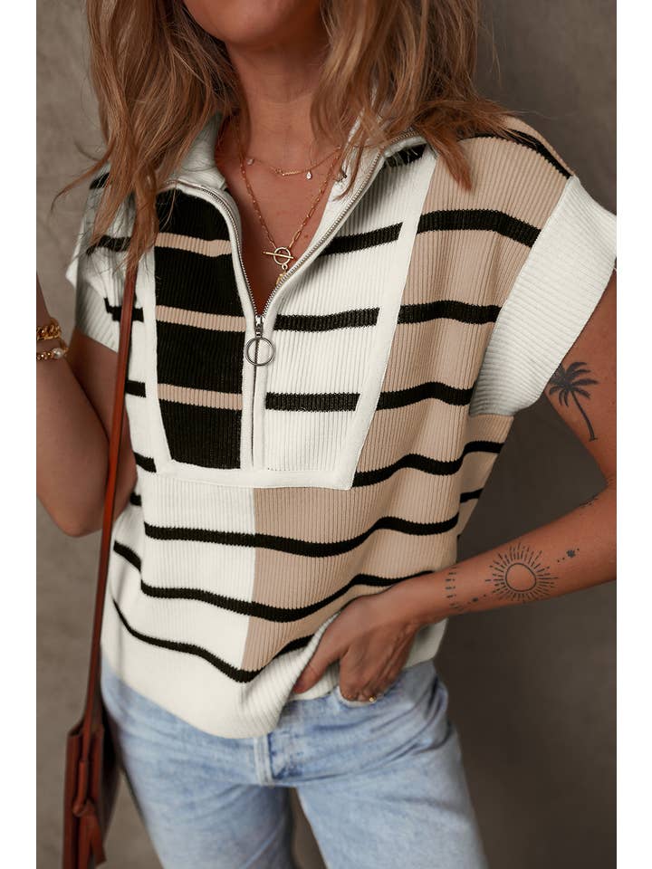 Little Daisy Closet - Wholesale Sweater Vest - Women's - LDC Stripe Colorblock Quarter Zip Collar Sweater Vest