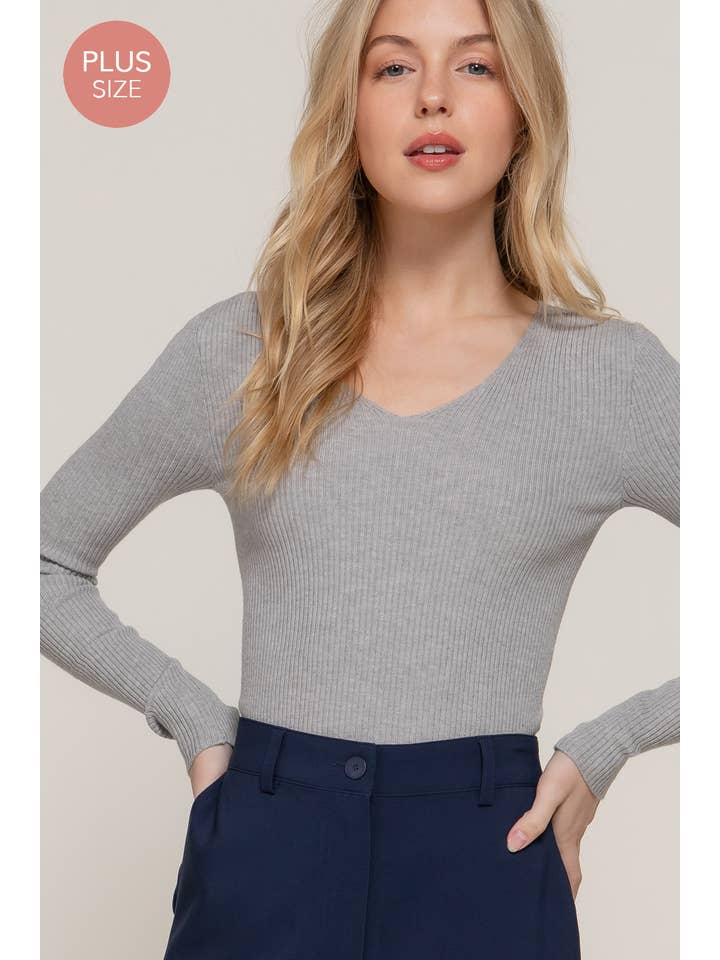 Active Basic | Active USA - Wholesale Knit Sweater - Women's - Long Sleeve V-neck Fitted Viscose Rib Sweater Top