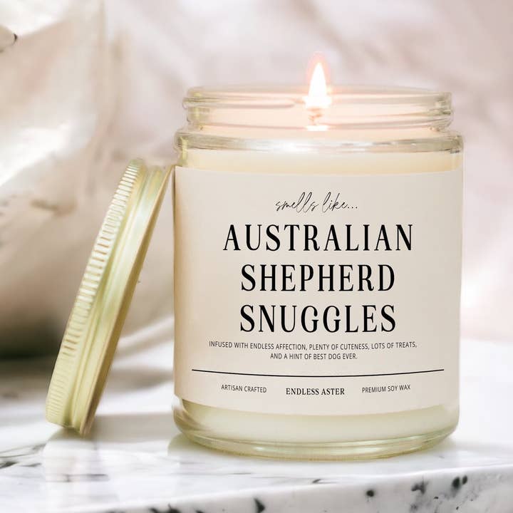 Australian Shepherd Snuggles - 8, 16 oz Soy Jar Candle, Dog and other Purchase Wholesale australian shepherd. Free Returns & Net 60 Terms on Faire trending on Faire.