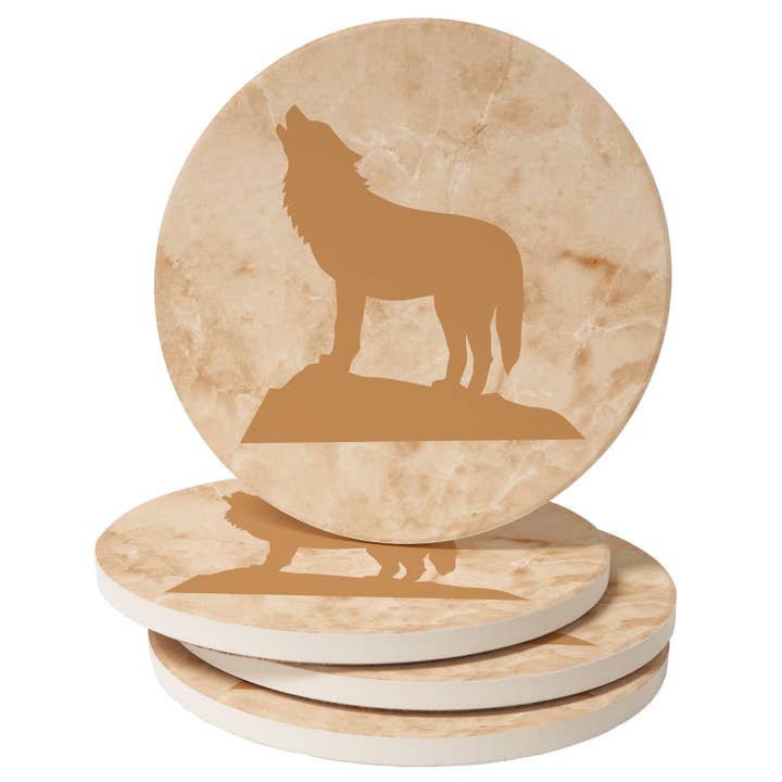 "Howling Wolf" 4-Pack Absorbent Stone Coaster Set for wholesale by Conimar Promotions
