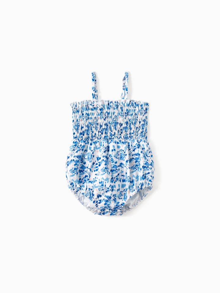 Baby Girl Blue Floral Ruffle Hem Strap Romper for wholesale on Faire