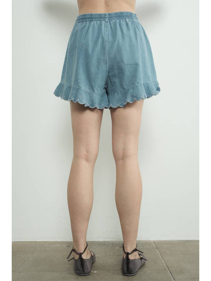 DENIM MAP3110 CHAMBRAY EMBROIDERED RUFFLE HEM SHORTS for wholesale on Faire