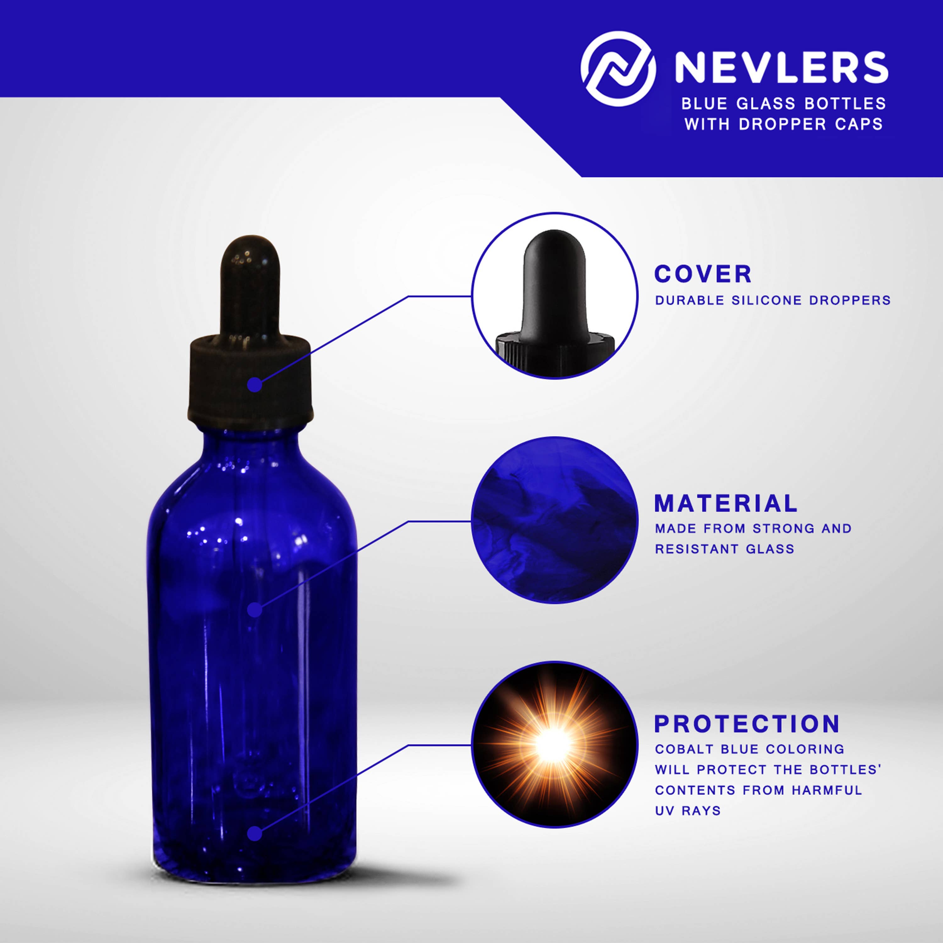 Nevlers - Wholesale Travel Container - Cobalt Blue Glass Dropper Bottles - 2 oz. (Pack of 24)6