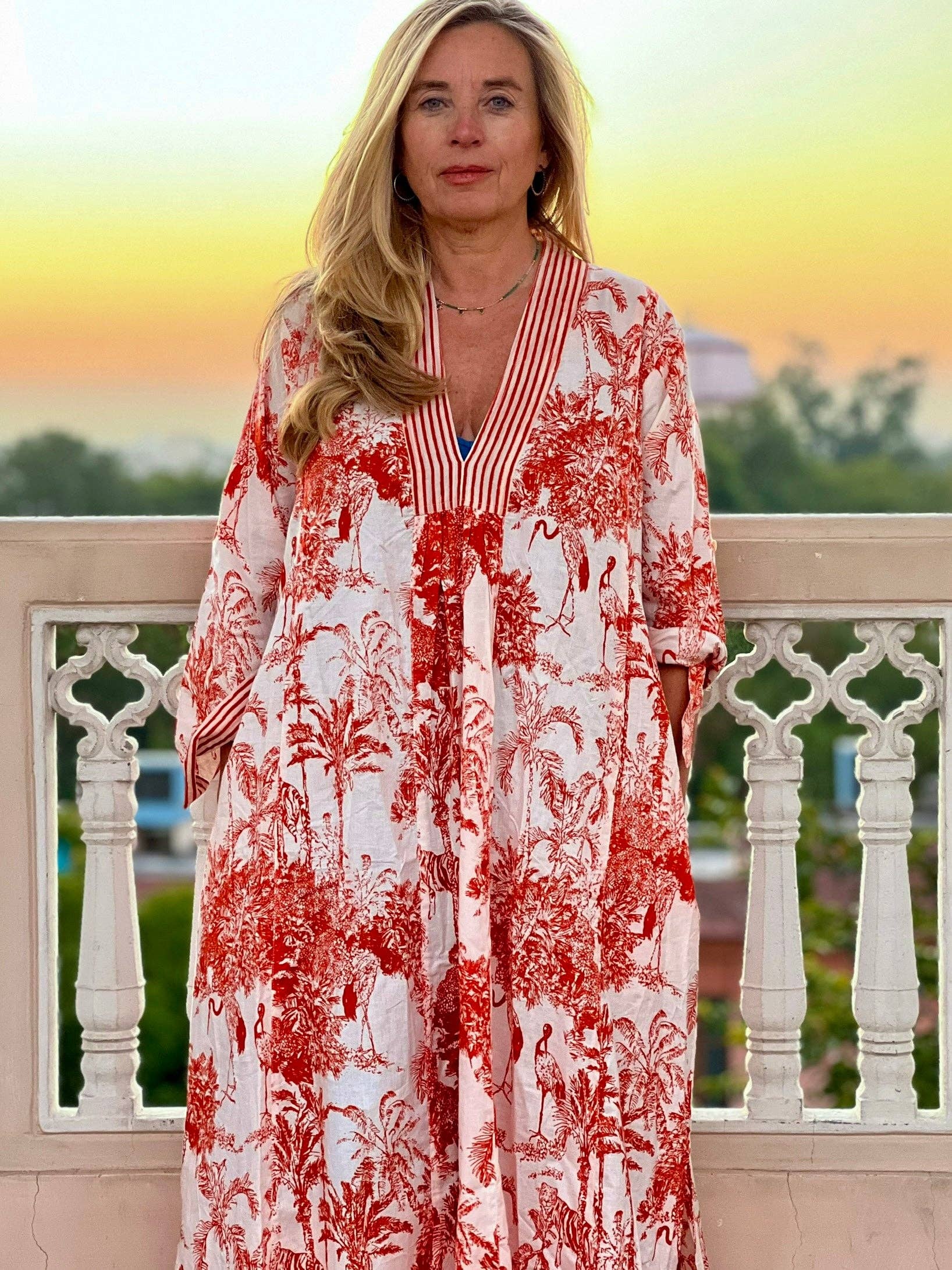 Aurobelle Ibiza - Vente Caftan – femme - Kaftan long orange Jungle Life bohème élégant2