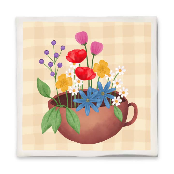 Fliese mit Illustration - 10x10 cm - Becher mit Blumen für den Großhandel von Bits of Bliss