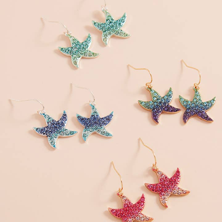 Stone Paved Colored Metal Starfish Dangle Earrings
for wholesale by Sensibling Corp.