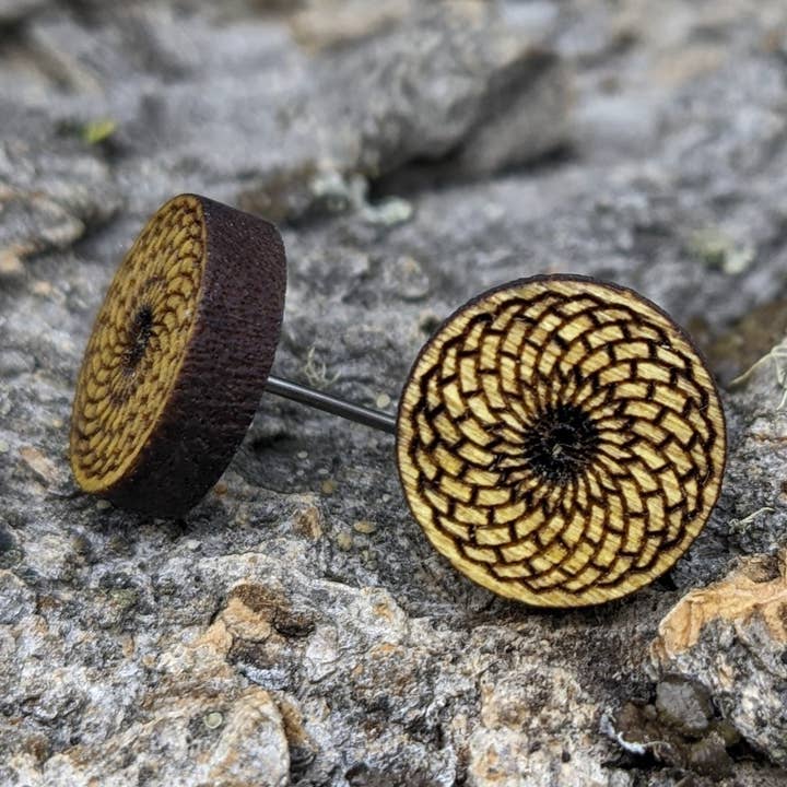 Etched Circle Wood Stud Earrings for wholesale by The Forest and Forge
