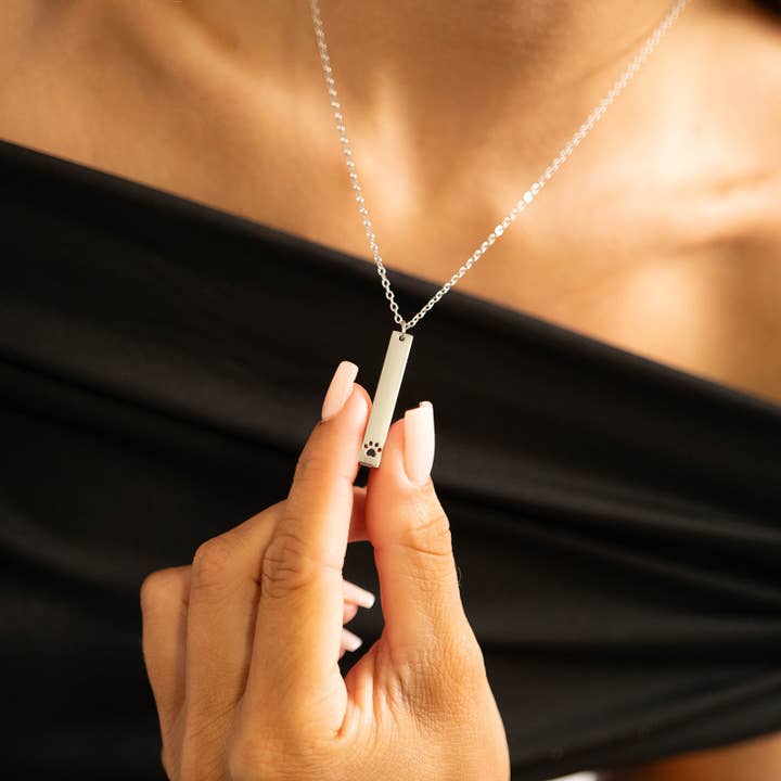 WJW - Wholesale Pendant/Charm Necklace - Paw Print Cutout Vertical Stainless Steel Bar Necklace4