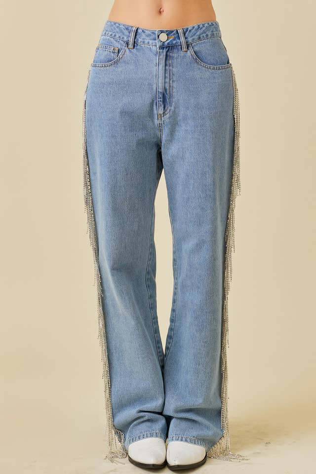 Side And Back Rhinestone Fringe Trim Denim Pants for wholesale on Faire