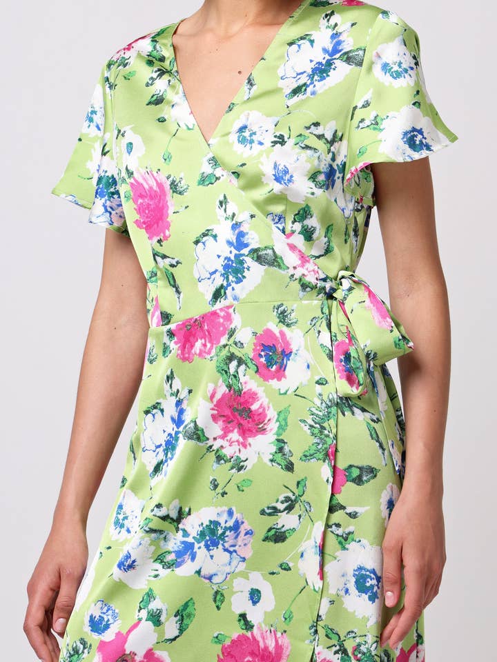 ANGELEYE - Wholesale Dress - Women's - Angel Sleeve Tie Wrap Dress in Green Floral Print