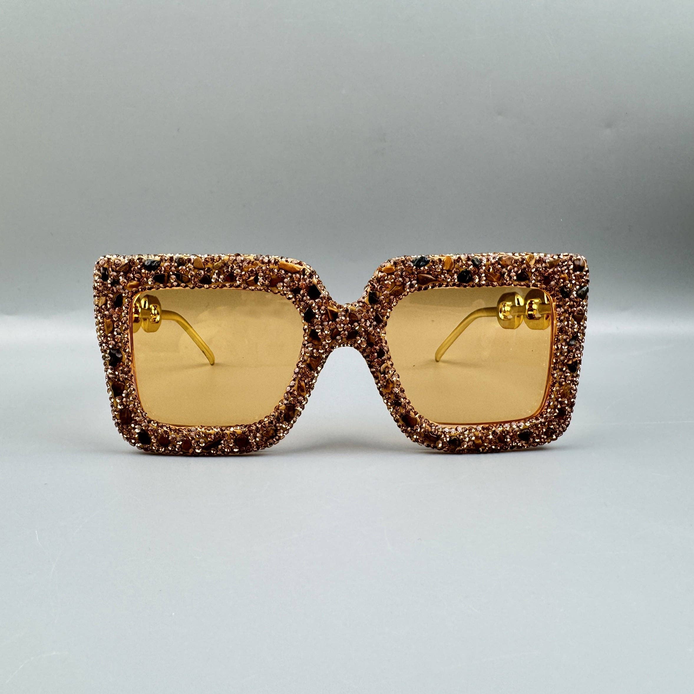 Gold Handmade Rhinestone Stone Square Sunglasses G0532 for wholesale on Faire2