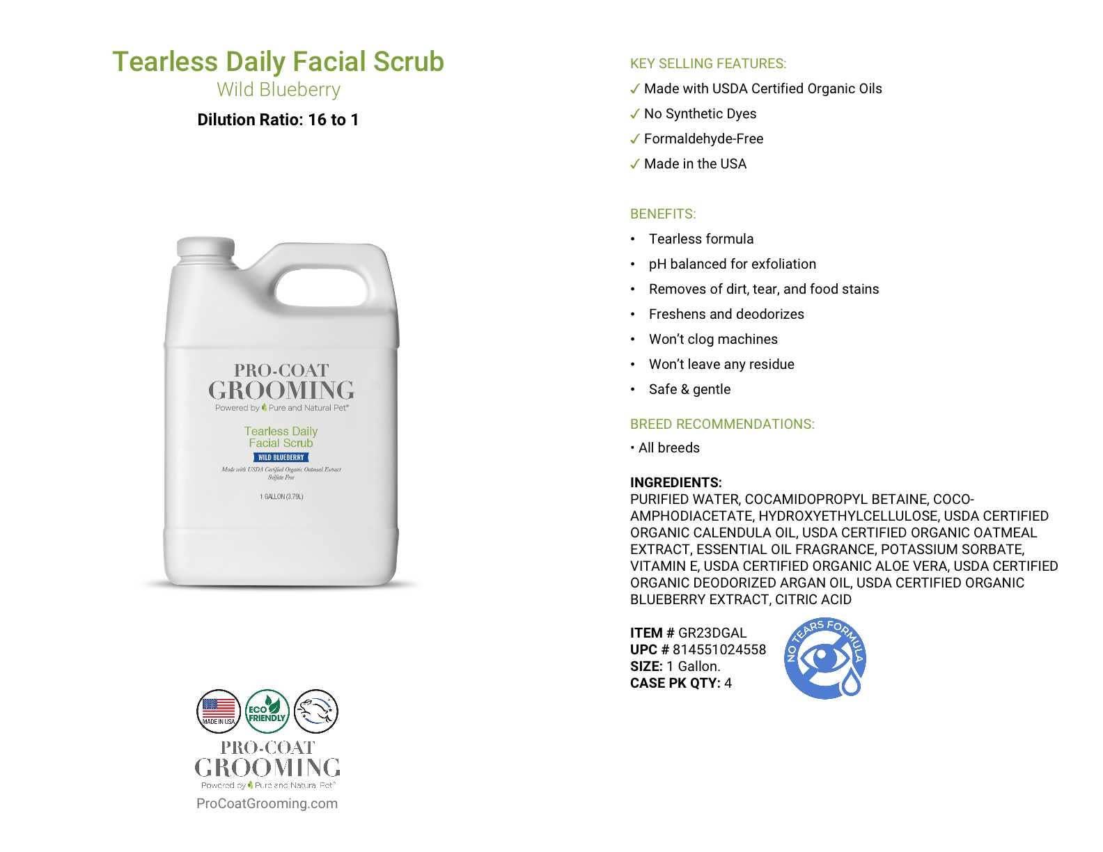 Pure and Natural Pet - Wholesale Pet Grooming Aid - Dog - Tearless Daily Facial Scrub for Dogs (Wild Blueberry) 1 gal.1