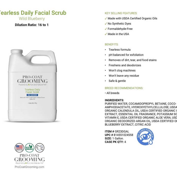 Pure and Natural Pet - Wholesale Pet Grooming Aid - Dog - Tearless Daily Facial Scrub for Dogs (Wild Blueberry) 1 gal.1