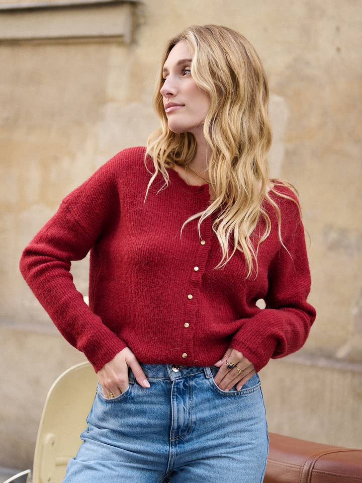 Reversible alpaca and wool cardigan with round neck for wholesale by Nathael Paris