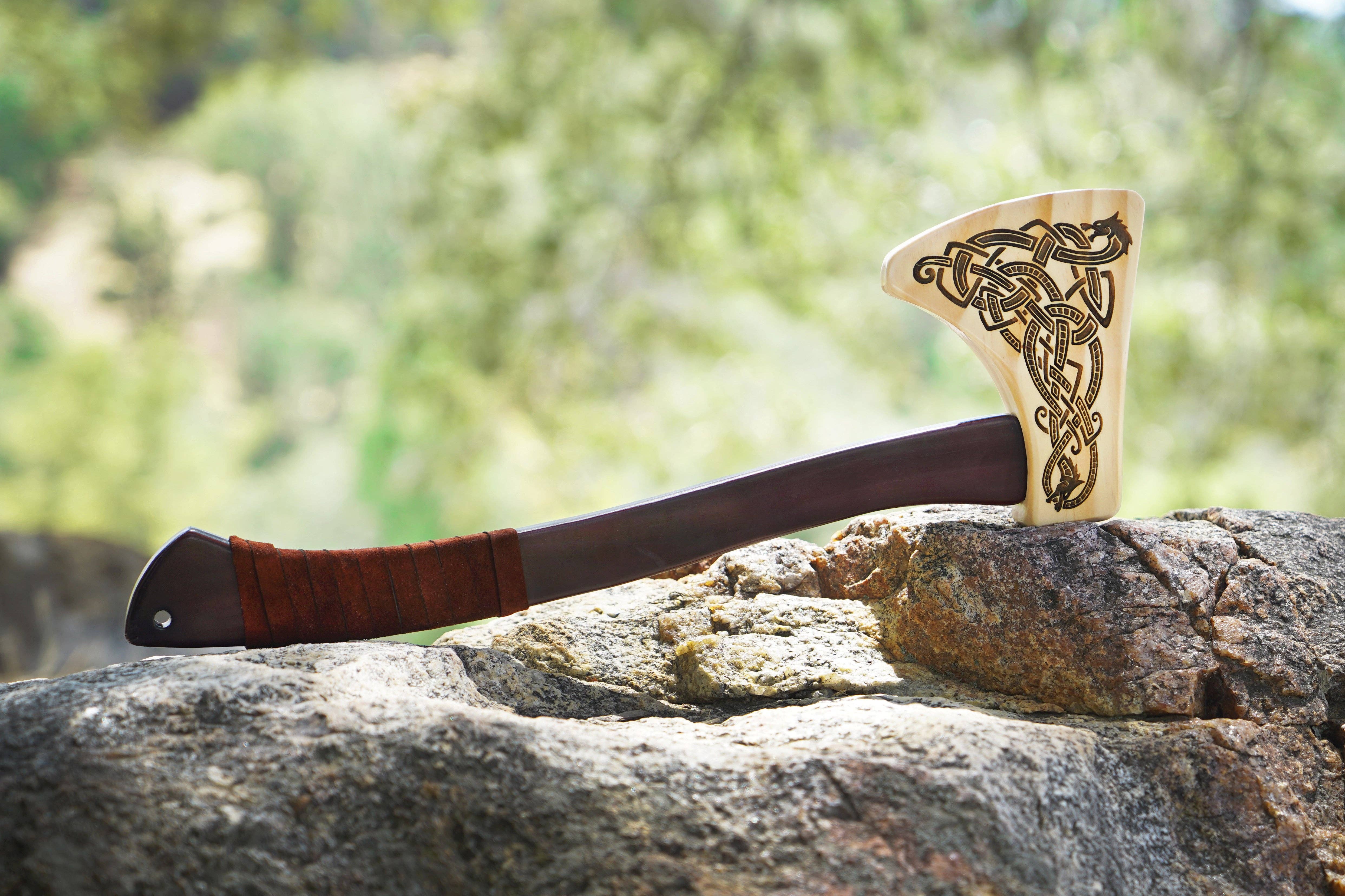 Backwoods Provisions - Wholesale Wood Toy - Kids - Wooden Play Axe with Norse Motif Engraving and Leather Wrap1