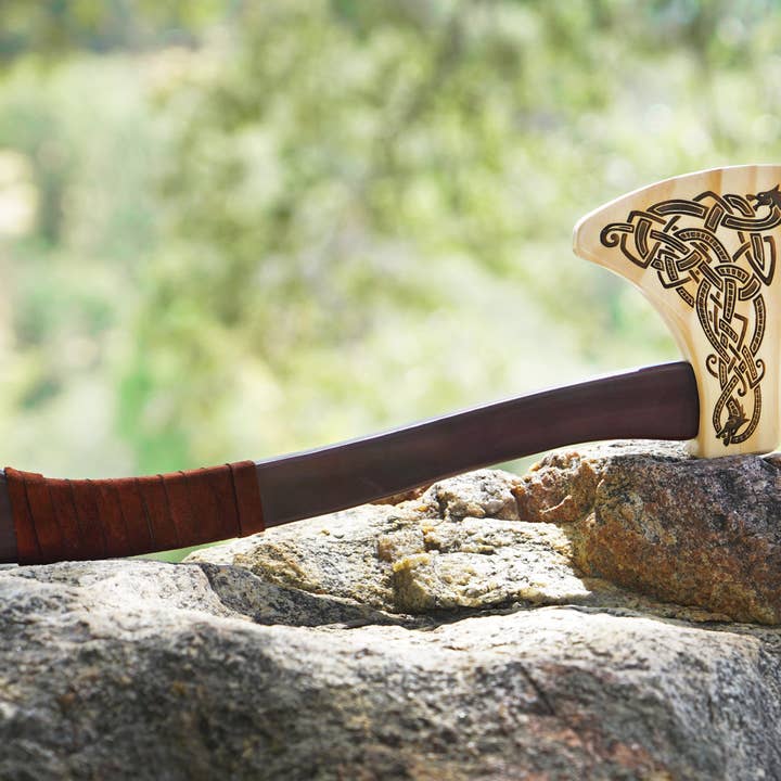 Backwoods Provisions - Wholesale Wood Toy - Kids - Wooden Play Axe with Norse Motif Engraving and Leather Wrap1