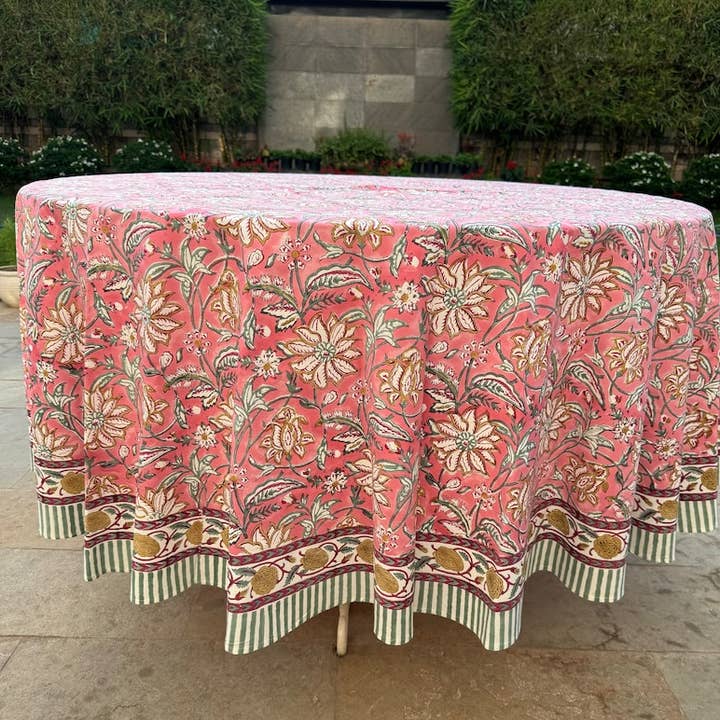 Fabricrush - Wholesale Tablecloth - New Candy Pink Indian Hand Block Print Round Tablecloth