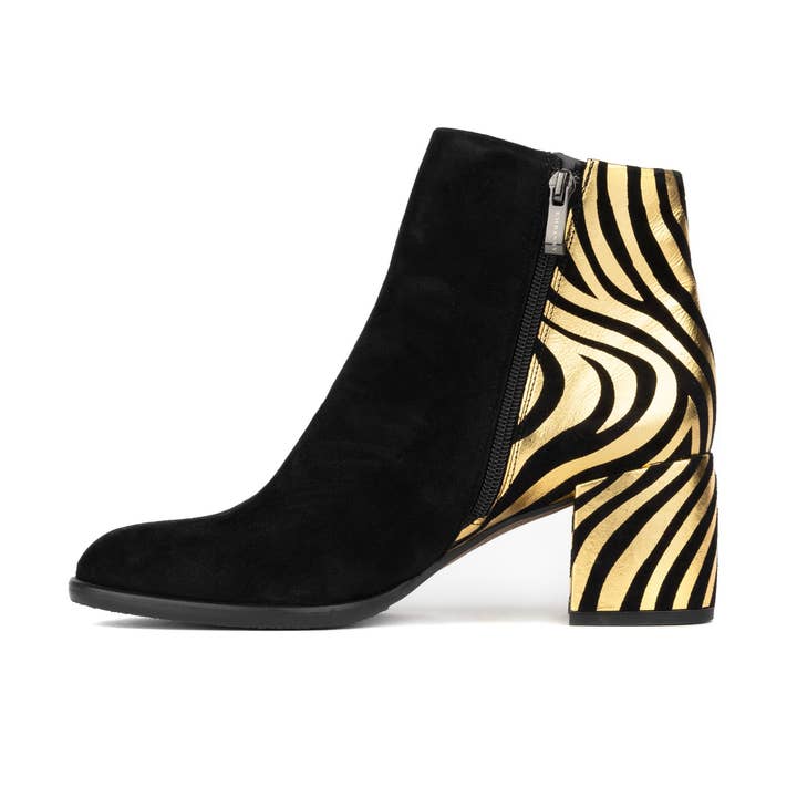 Embassy London – wholesale Booties – Women's – Impala - Black & Gold - Women's Suede Ankle Boot with Block Heel & Gold Foil Zebra Stripes2