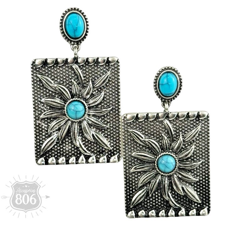 Silver Western sunflower rectangle earring for wholesale on Faire1