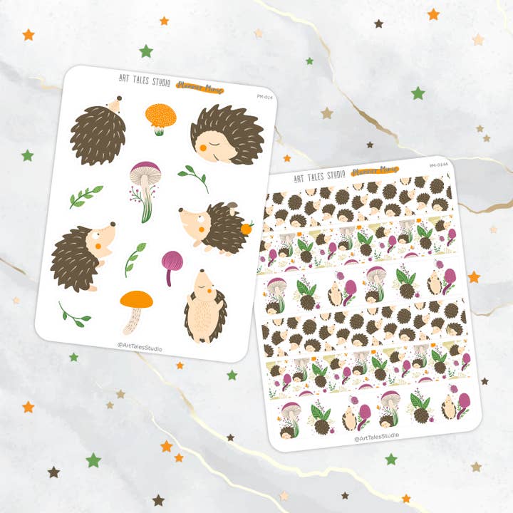 Igel-Aufkleber, Aufkleberbogen und Washi-Tape-Set, Tier-Aufkleber-Blatt, Planer-Aufkleber, Sammelalbum, Schreibwaren, Bujo, Blätter, Pilz für den Großhandel von Art Tales Studio