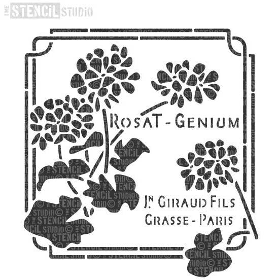 Rosat Genius - Stencil per etichette di profumo francese vintage con geranio per la vendita all'ingrosso da parte di The Stencil Studio