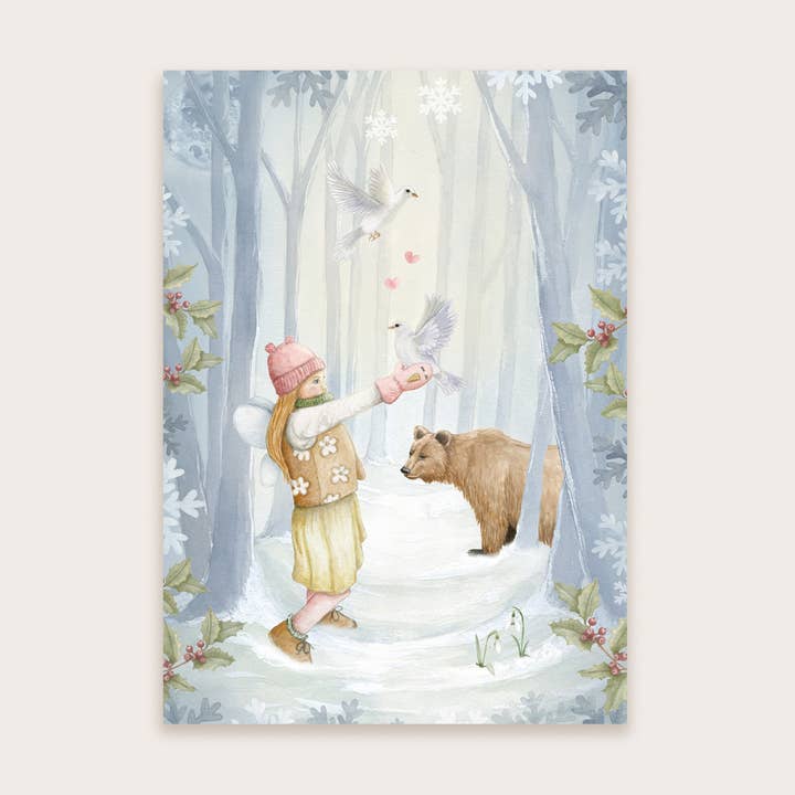 Postcard winter forest pigeons for wholesale by Appeloogje