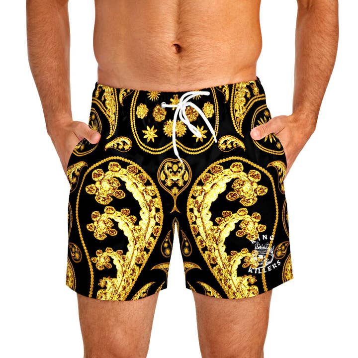 King Killers - Wholesale Boardshort - Heren - Zwart-gouden Paisley zwembroek voor heren4