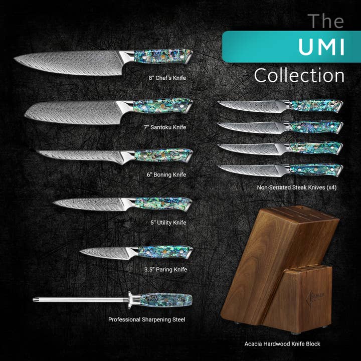 Senken Knives - Wholesale Knife set - "Umi" 11-Piece Japanese Damascus Steel Knife Block Set4