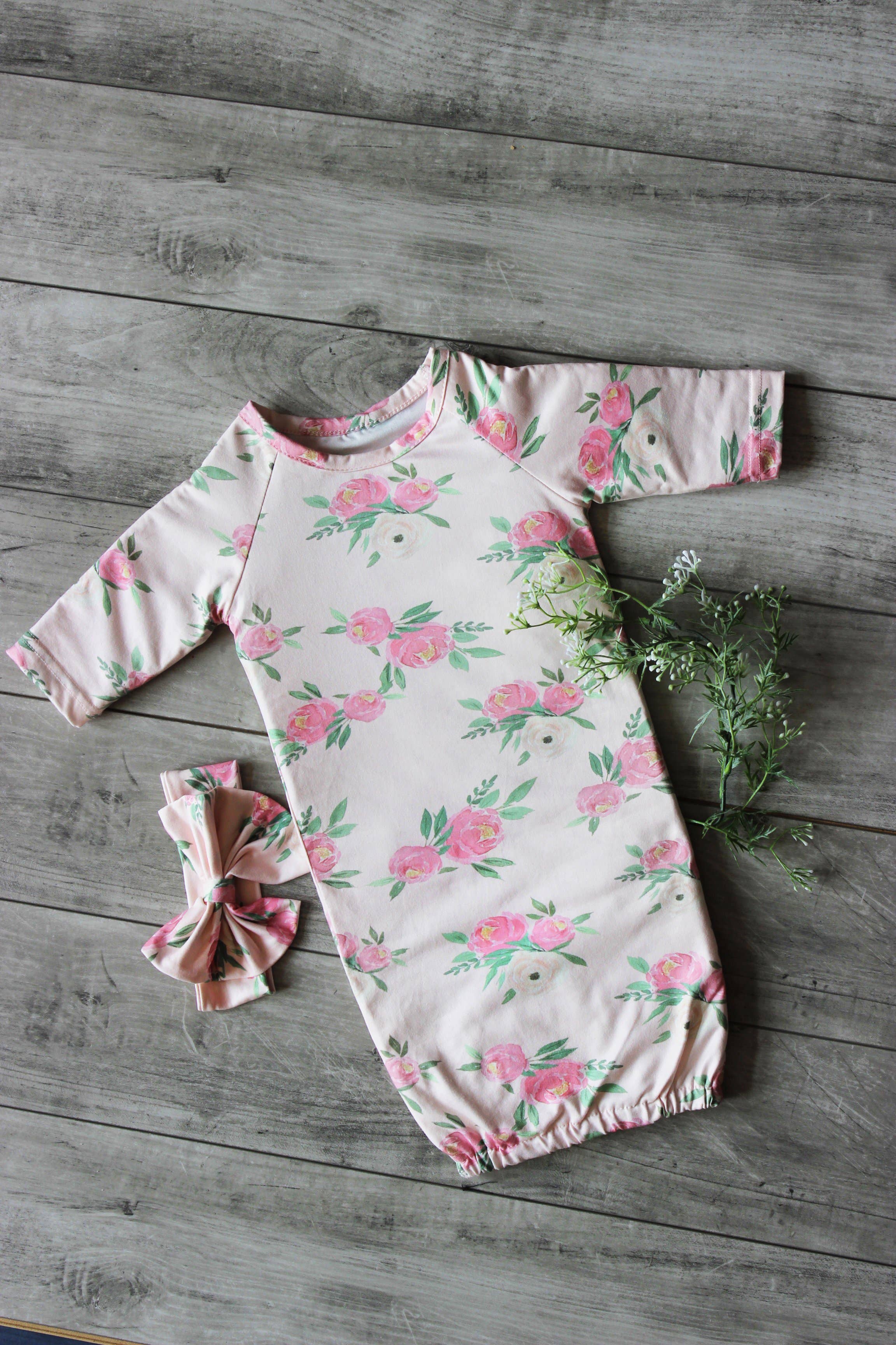 Adorable Sweetness - Wholesale Babygown Set - Baby - Infant Girls Pinky Pink Rose Baby Gown and Bow Headband2