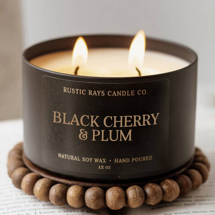 Black Cherry & Plum 12 oz Soy Candle - Home Decor & Gifts for wholesale by Rustic Rays Candle Co.