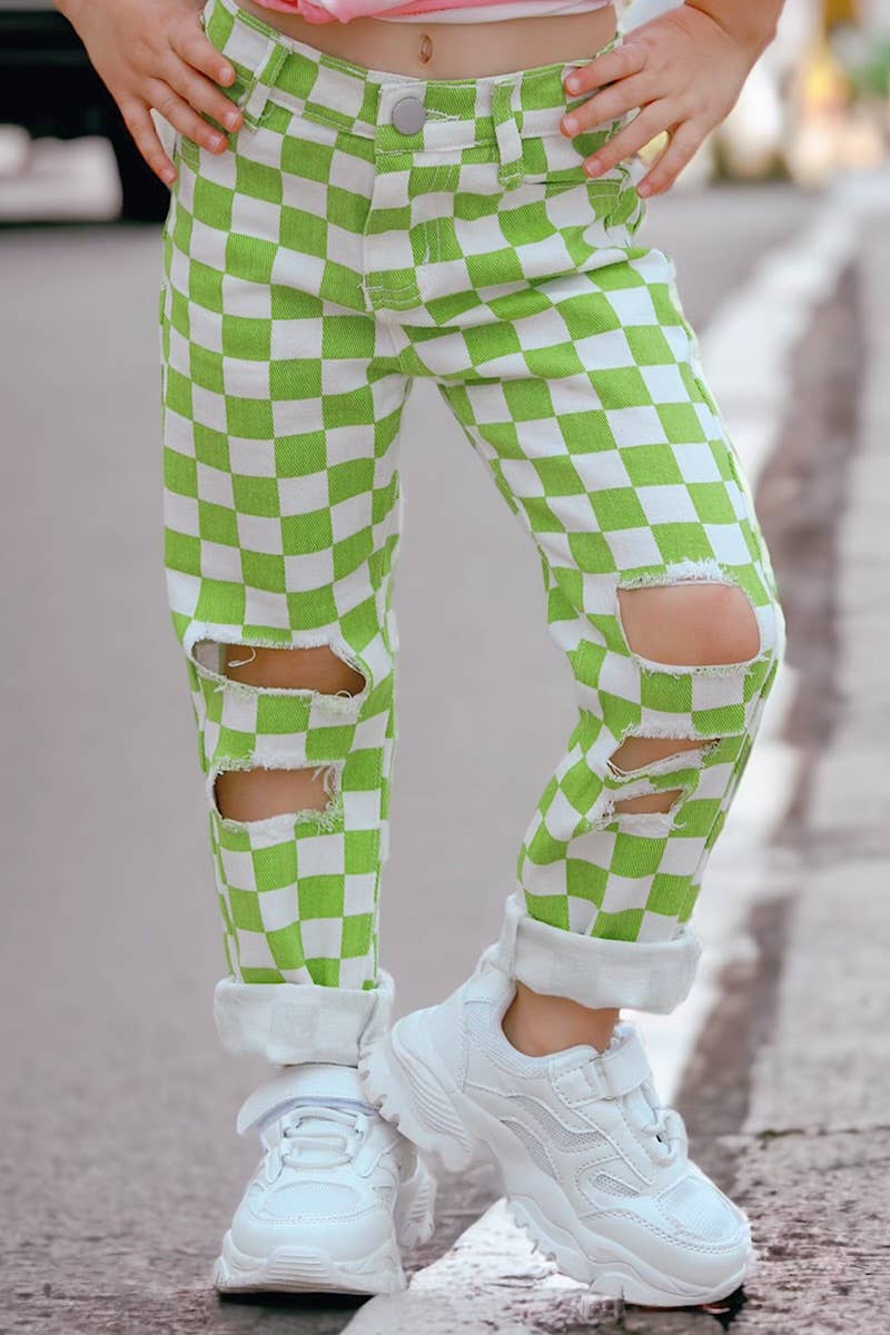 Kids Charm Online - Wholesale Jeans - Kids - LIME GREEN CHECKER PRINTED DISTRESSED DENIM PANTS. PNG2513300