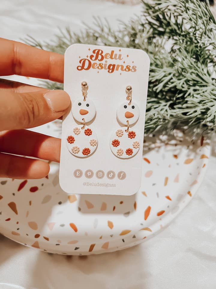 Flower Snowman Christmas Handmade Polymer Clay Earrings for wholesale by Belu Designss