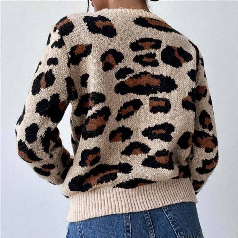 KHAKI Round Neck Color Block Leopard Print Sweater for wholesale on Faire4