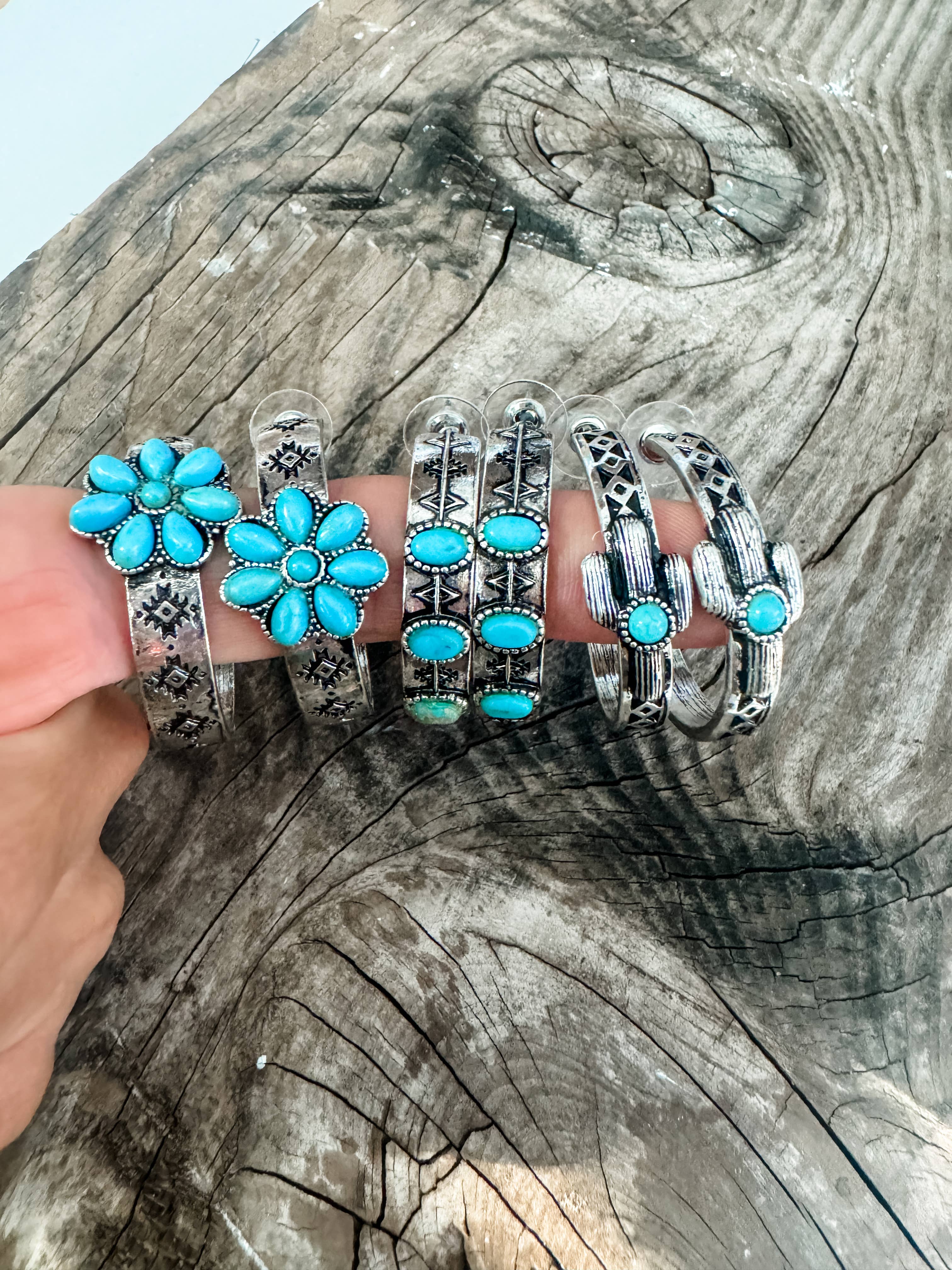 Boho Ranch Shop – wholesale Hoop earrings – Western semi stone hoops - aztec flower cactus studs0
