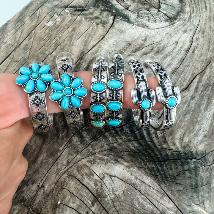 Boho Ranch Shop - Wholesale Hoop Earrings - Western semi stone hoops - aztec flower cactus studs0