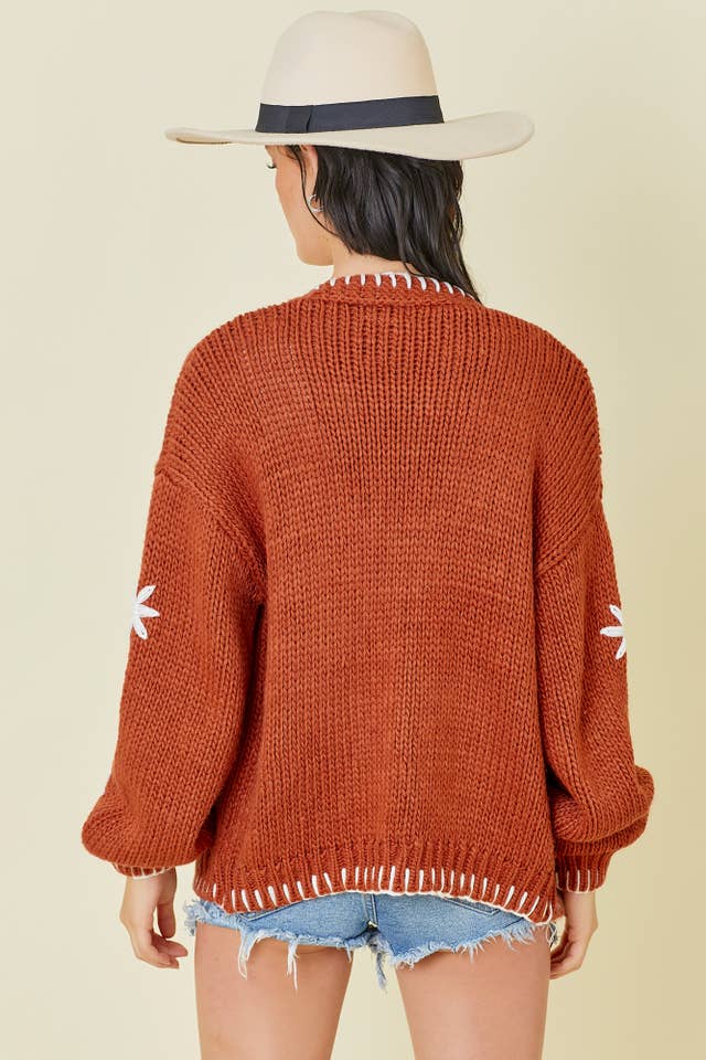 Main Strip - Wholesale Cardigan - Women's - Sweater Knit Cardigan With Flower and Embroidered