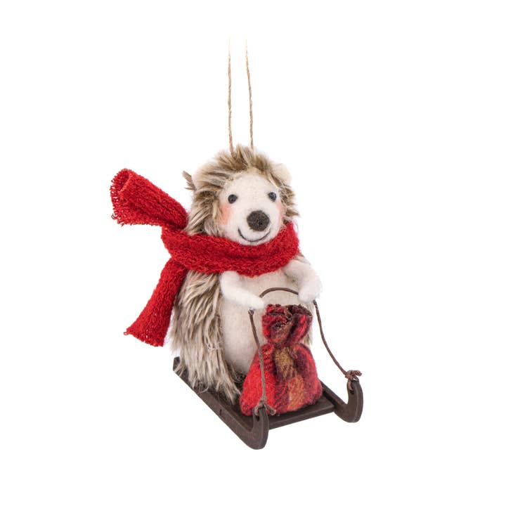 Sass and Belle – wholesale Christmas decoration – Sledging Hedgehog Felt Decoration