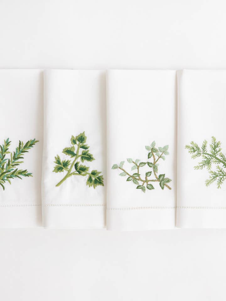 Organic Cotton Embroidered Group Herbs Mitered White Napkins for wholesale by Woven Stories