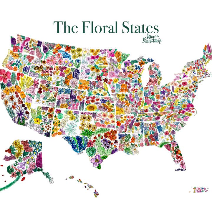 Stampa Mappa dello Stato Floreale - Stati Uniti per la vendita all'ingrosso da parte di Allison’s Illustrations