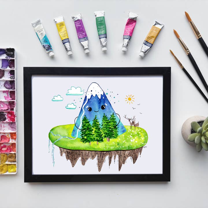 Happy Mountain Scene Watercolor Print – Nature Hiking for wholesale by Owlfeathers Watercolor