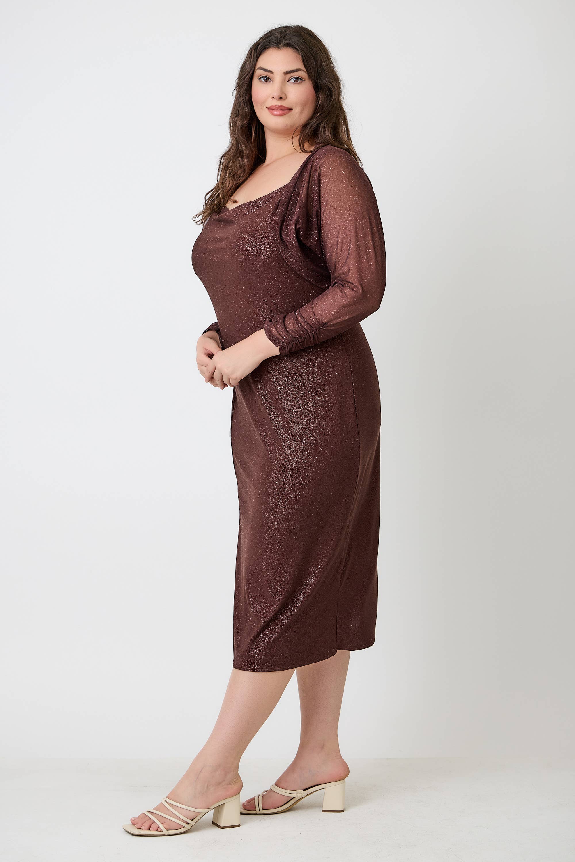 Haute Fox Plus Size & Contemporary - Wholesale Dress - Women's - Plus Size Shimmer Midi Dress with Front Slit JK18749-D8