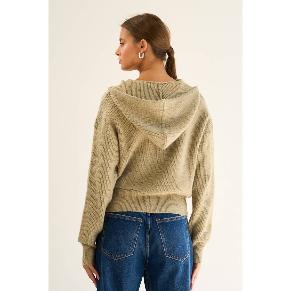 The GREii - Vente Pull en maille – femme - Cardigan à capuche en tricot moucheté avec boutons4