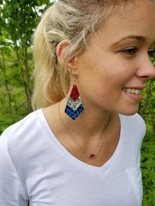 Hazel Hill ~MaeBella~ - Wholesale Dangle Earrings - Glitter Earrings Triple Layer Red White & Blue Patriotic1