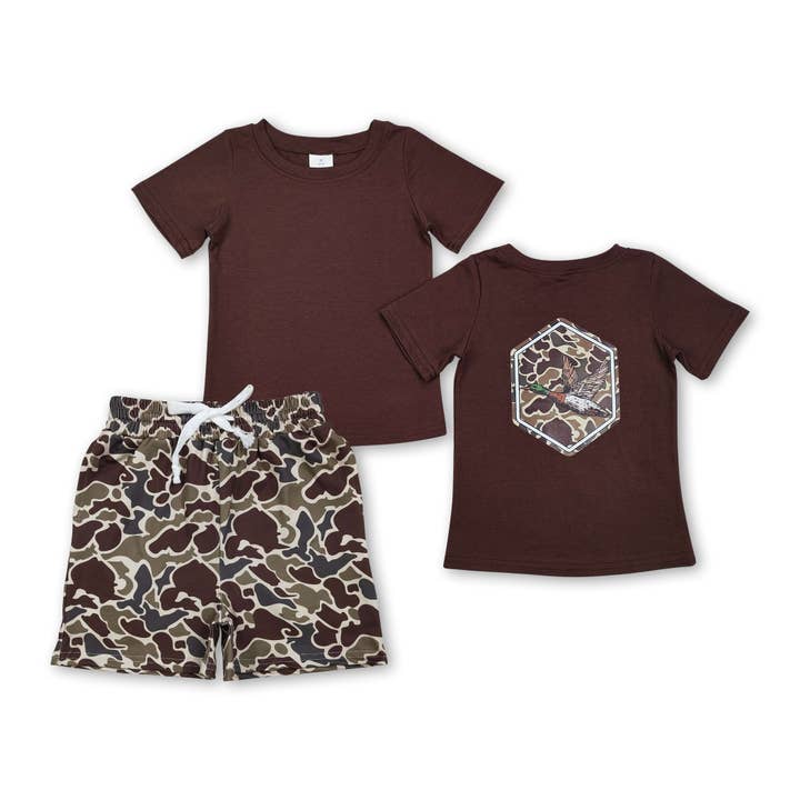 Brown camo duck top pocket shorts boys clothes for wholesale by Yawoo Garments